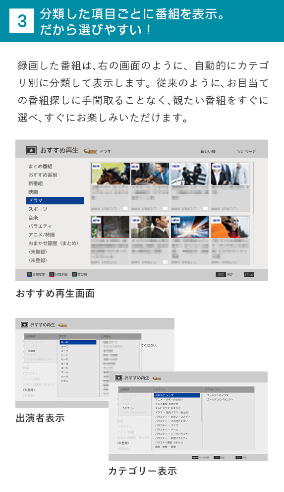 分類した項目ごとに番組名を表示。だから選びやすい！