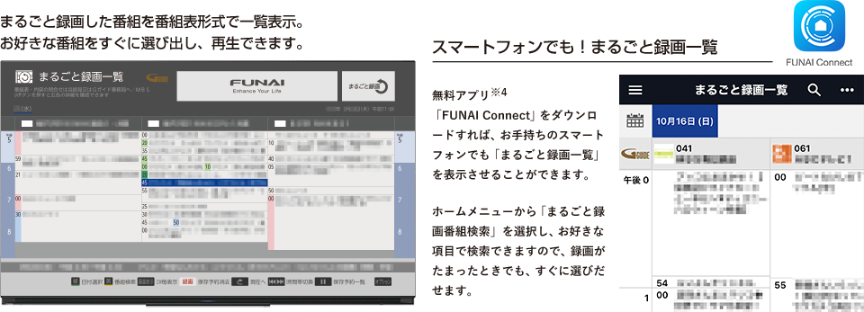 まるごと録画した番組を番組表形式で一覧表示。お好きな番組をすぐに選びだし、再生できます。